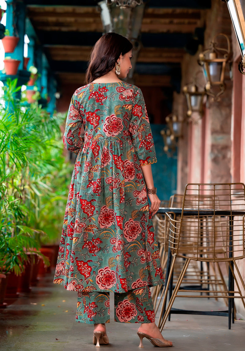 NASREEN GREEN FLORAL BLOCK PRINT EMBROIDERY KURTA ONLY