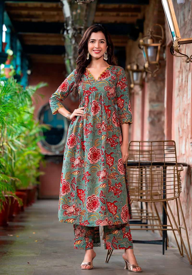 NASREEN GREEN FLORAL BLOCK PRINT EMBROIDERY KURTA ONLY