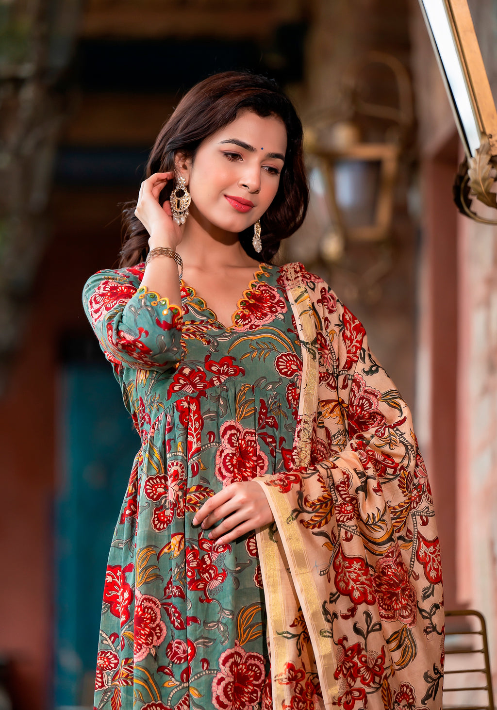 Buy Nasreen Green Floral Block Print Embroidery Suit Set - Jaipuri