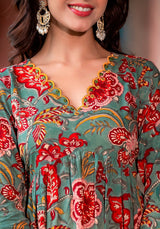 NASREEN GREEN FLORAL BLOCK PRINT EMBROIDERY KURTA ONLY