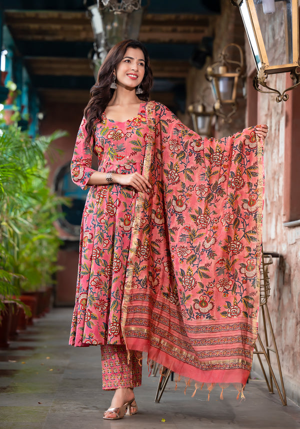 Ghoomar Floral Block print Handwork Suit Set (Plus Size)