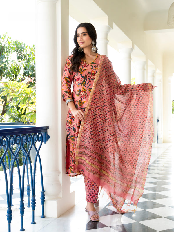 Parnia Peach Embroidery Handblock Chanderi Suit Set (Plus Size)