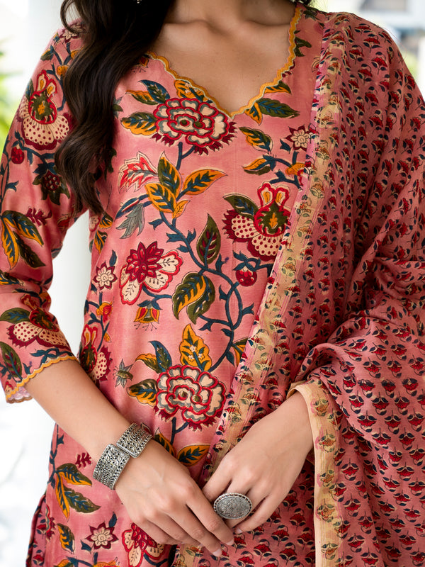 Parnia Peach Embroidery Handblock Chanderi Suit Set (Plus Size)