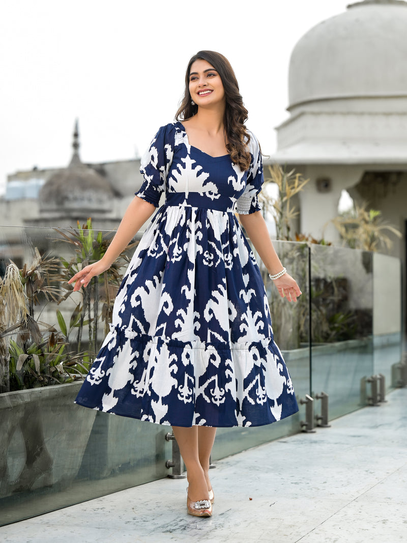 Blue and White Magic Tiered Midi Dress