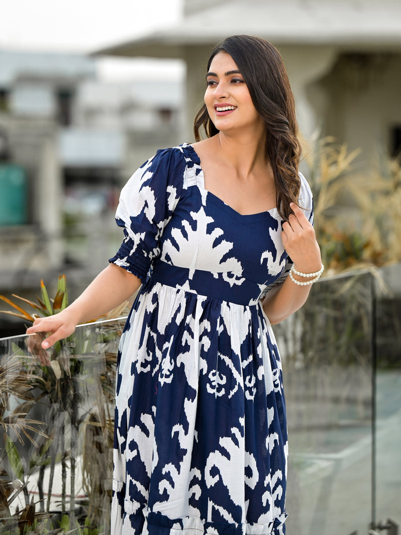 Blue and White Magic Tiered Midi Dress