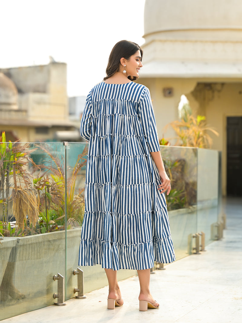 Classic Navy Stripes Tiered Midi Dress