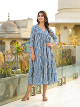 Classic Navy Stripes Tiered Midi Dress