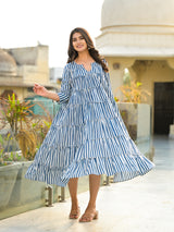 Classic Navy Stripes Tiered Midi Dress