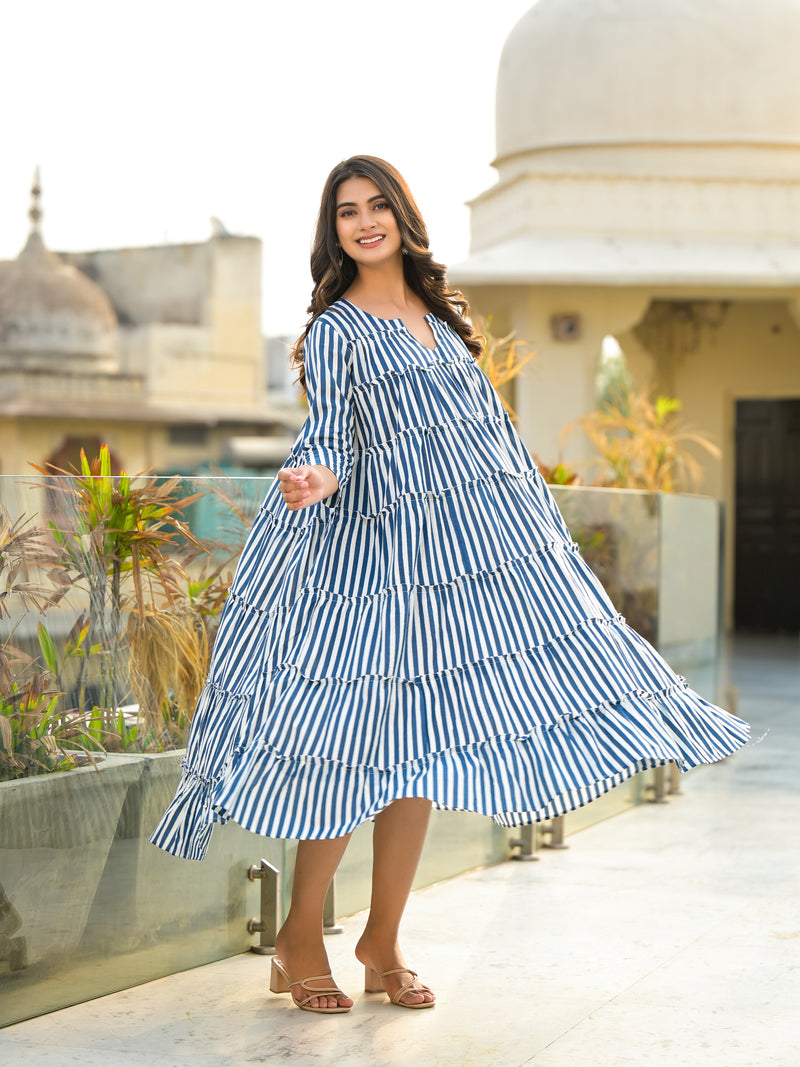 Classic Navy Stripes Tiered Midi Dress