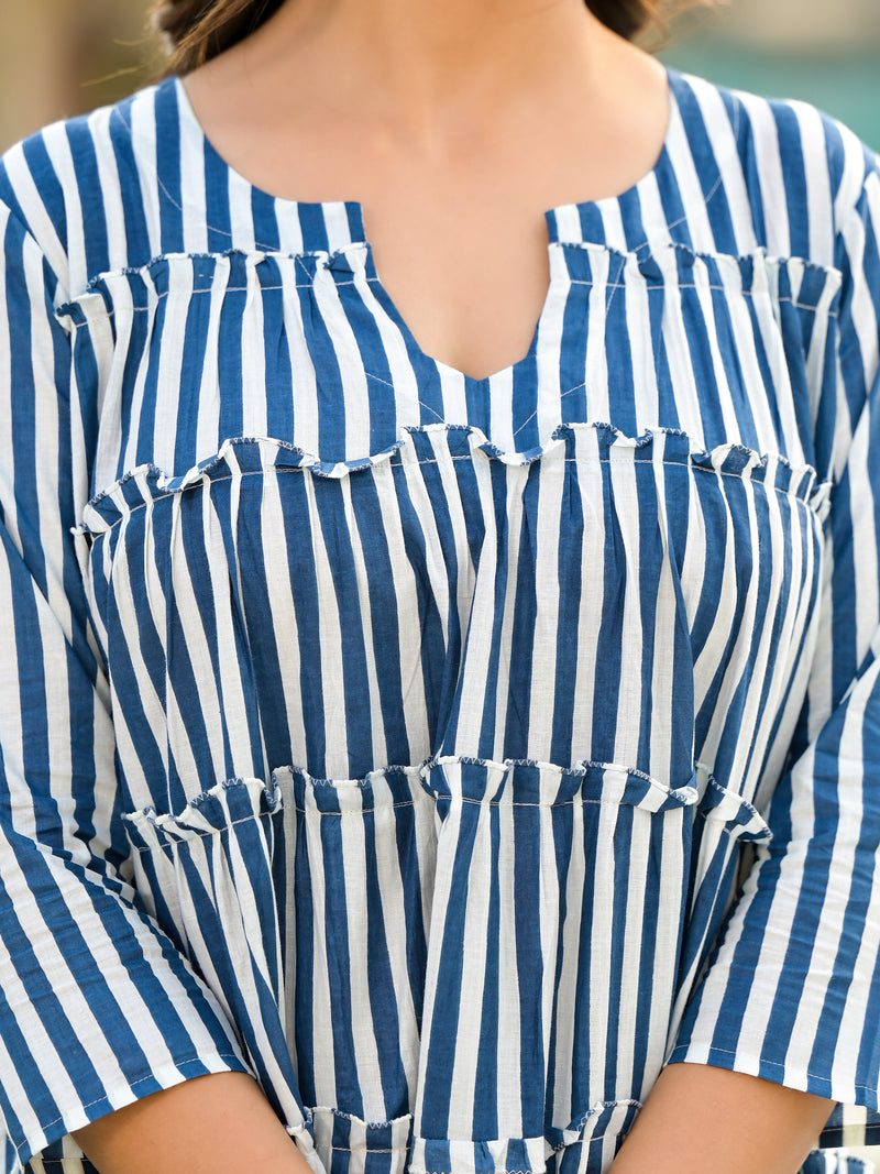 Classic Navy Stripes Tiered Midi Dress