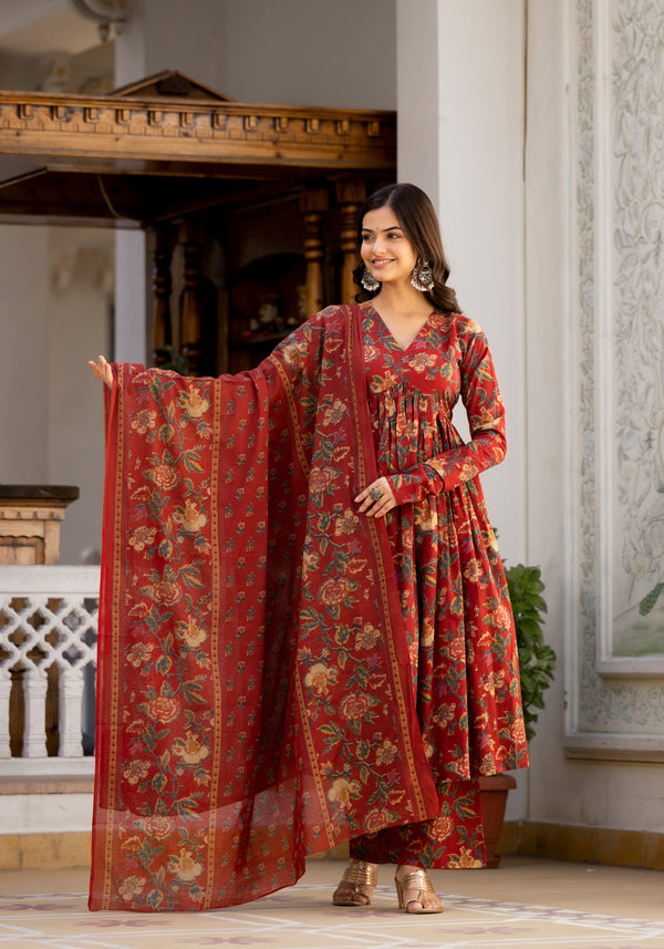 Saanvi Maroon Floral Print Suit Set (Plus Size)