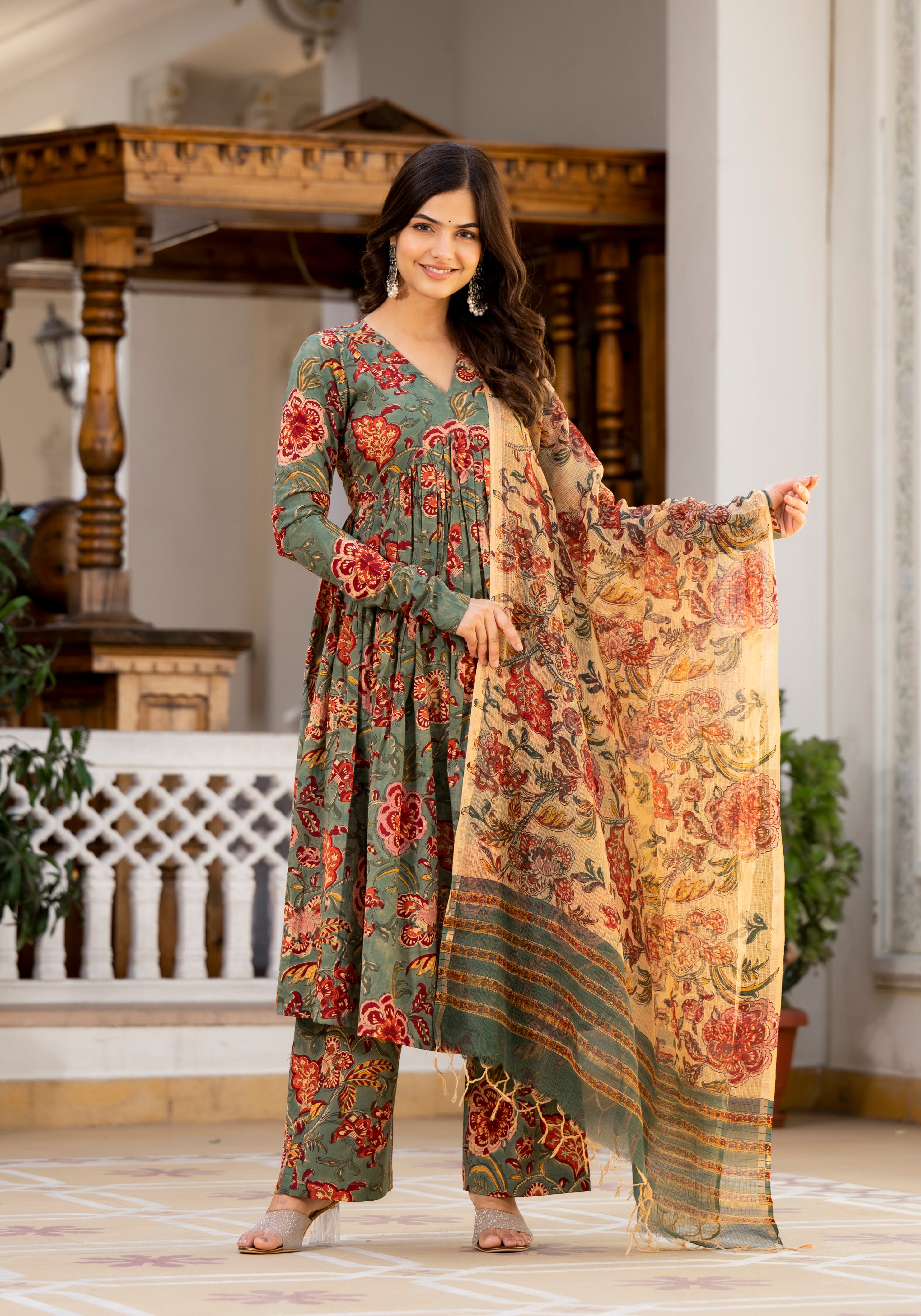 Shop Najia Green Floral Handblock Print Suit Set | Jaipuri Adaah