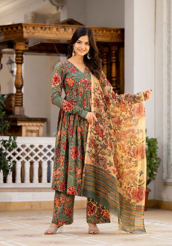 Najia Green Floral Handblock Print Suit Set(Plus Size)