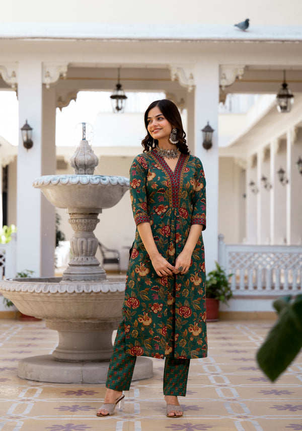 Trishala Green Floral Print Kurta Only