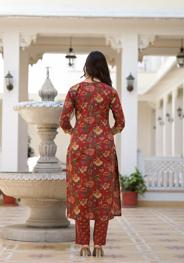 Shrija Maroon Floral Print Embroidered Suit Set (Plus Size)