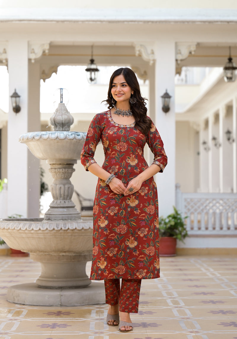 Shrija Maroon Floral Print Embroidered Kurta Pant Set