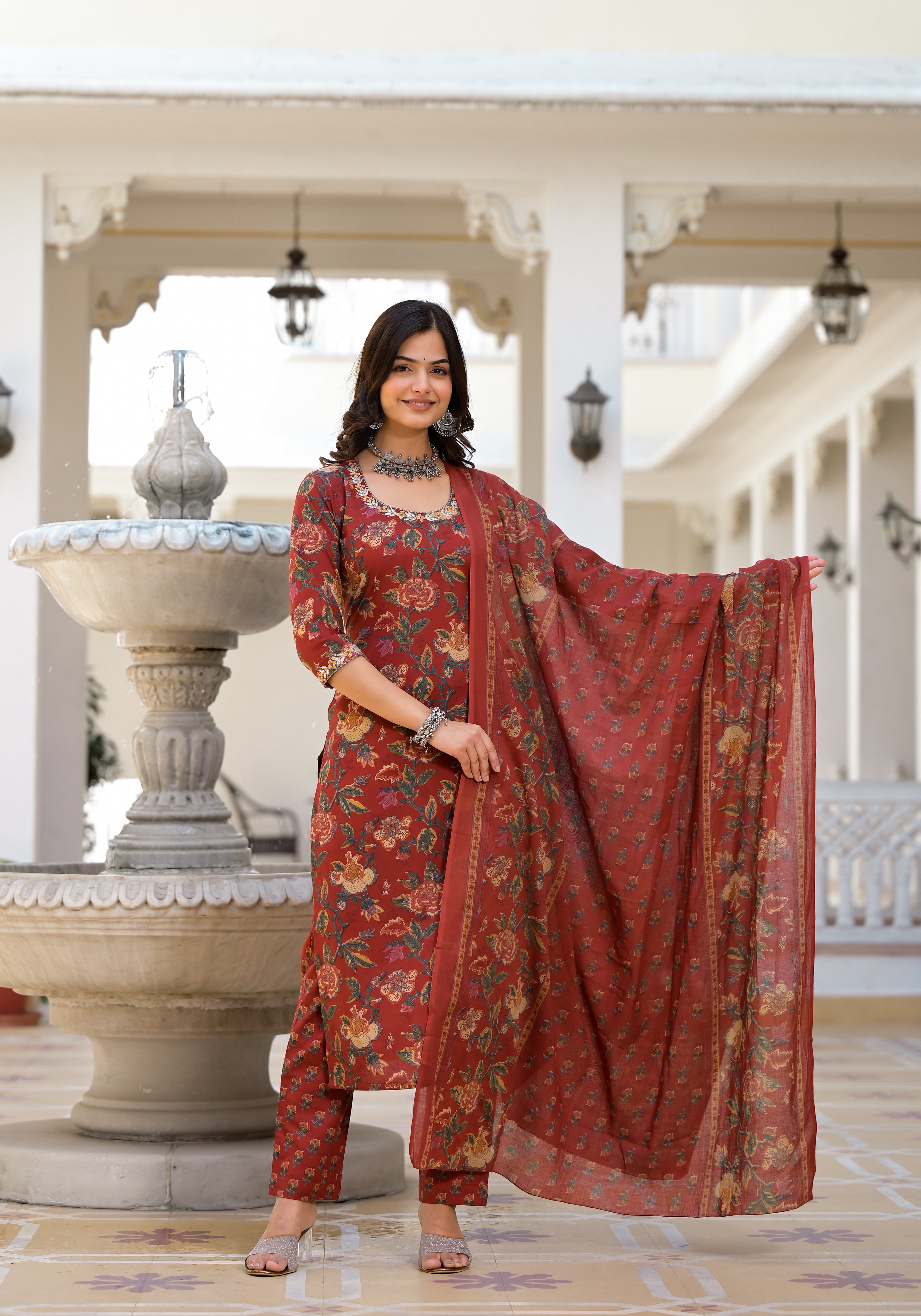 Shrija Maroon Floral Print Embroidered Suit Set | Jaipuri Adaah