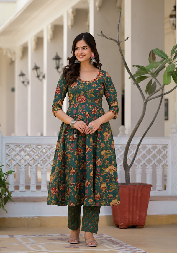 Tarin Green Floral Print Embroidered Suit Set (Plus Size)