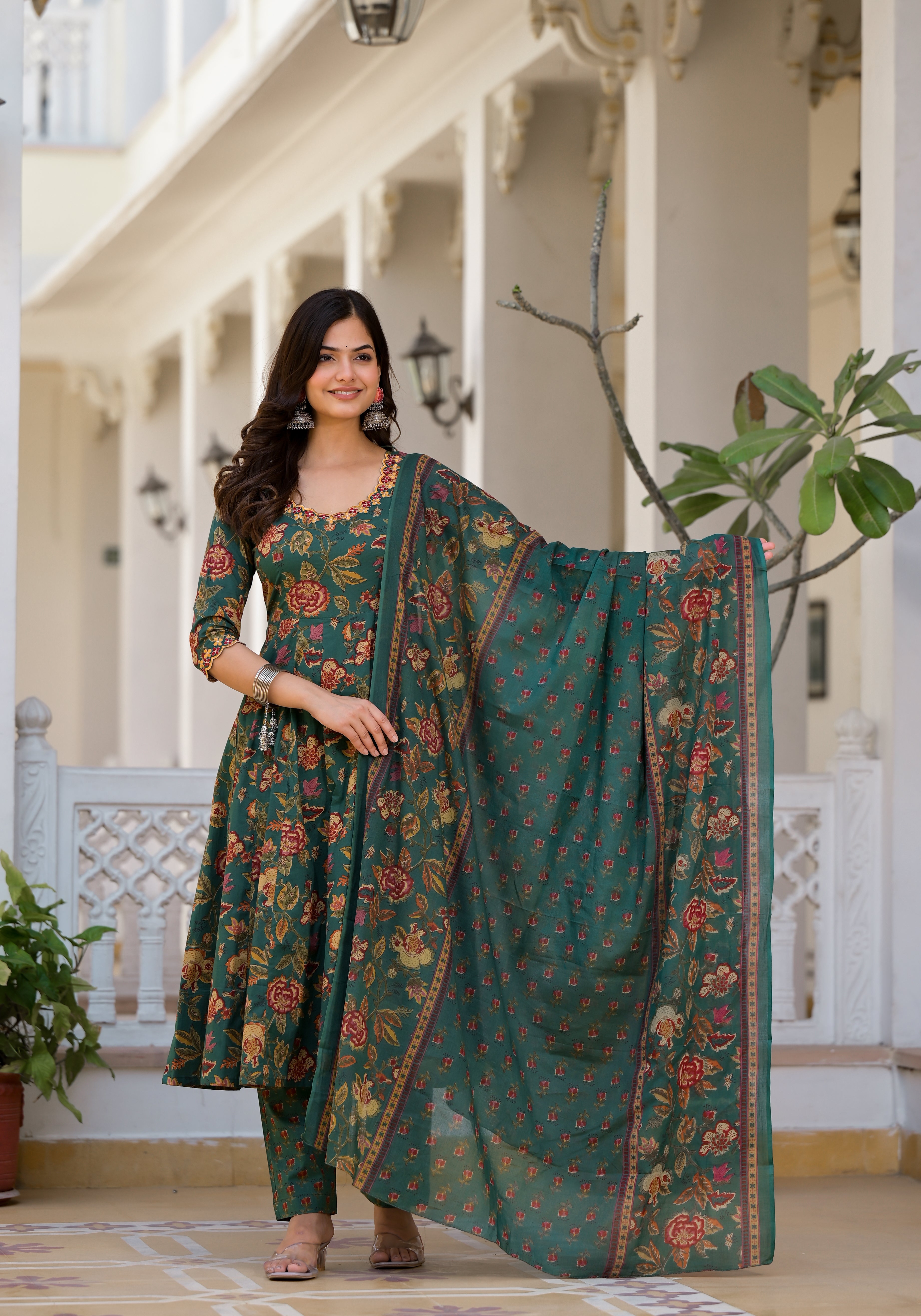 Shop Tarin Green Floral Print Embroidered Suit Set at Jaipuri Adaah