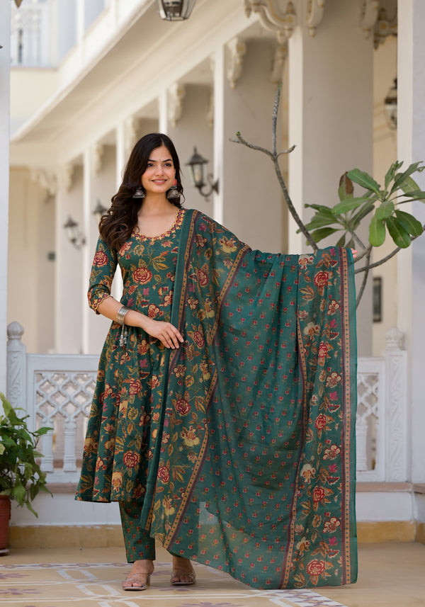 Tarin Green Floral Print Embroidered Suit Set (Plus Size)