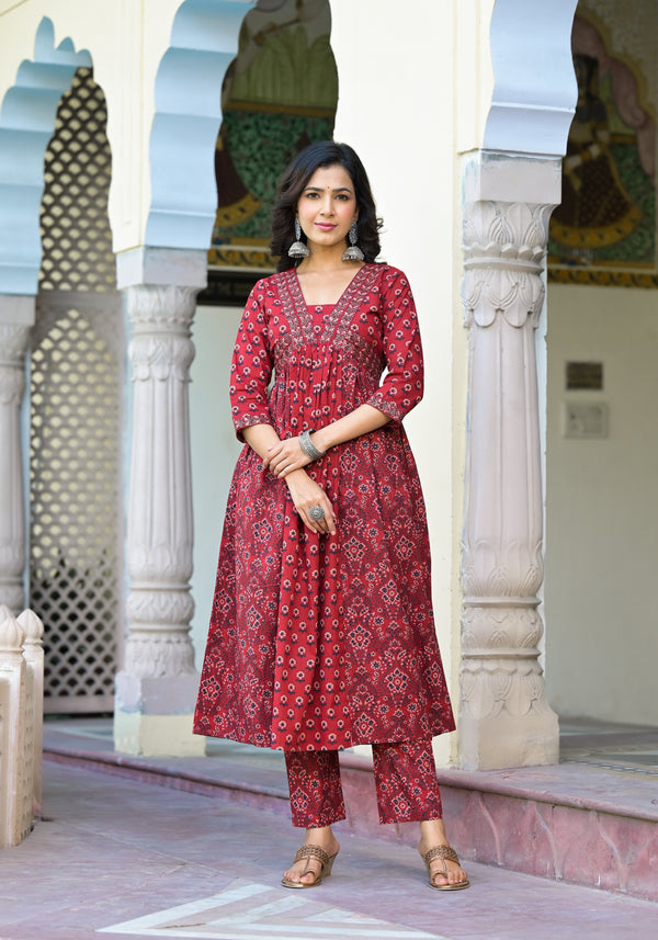 Maria Maroon Cotton Alia Cut Kurta Pant Set