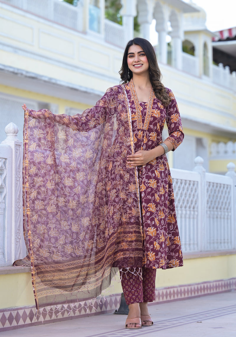 RYZA MEGENTA FLORAL FLAREY UNSTITCHED SUIT SET