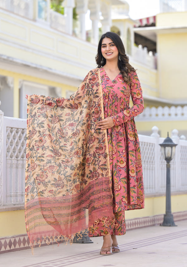 Aleeza Peach Handblock Printed Suit Set (Plus Size)