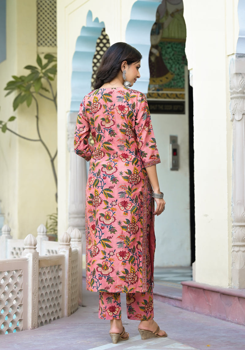 Panchita Peach Floral Handblock Pintuck Chanderi Kurta Pant Set