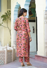 Panchita Peach Floral Handblock Pintuck Chanderi Suit Set (Plus Size)