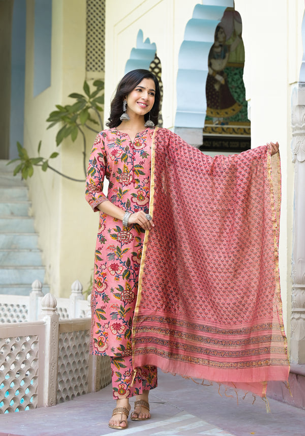 Panchita Peach Floral Handblock Pintuck Chanderi Suit Set (Plus Size)