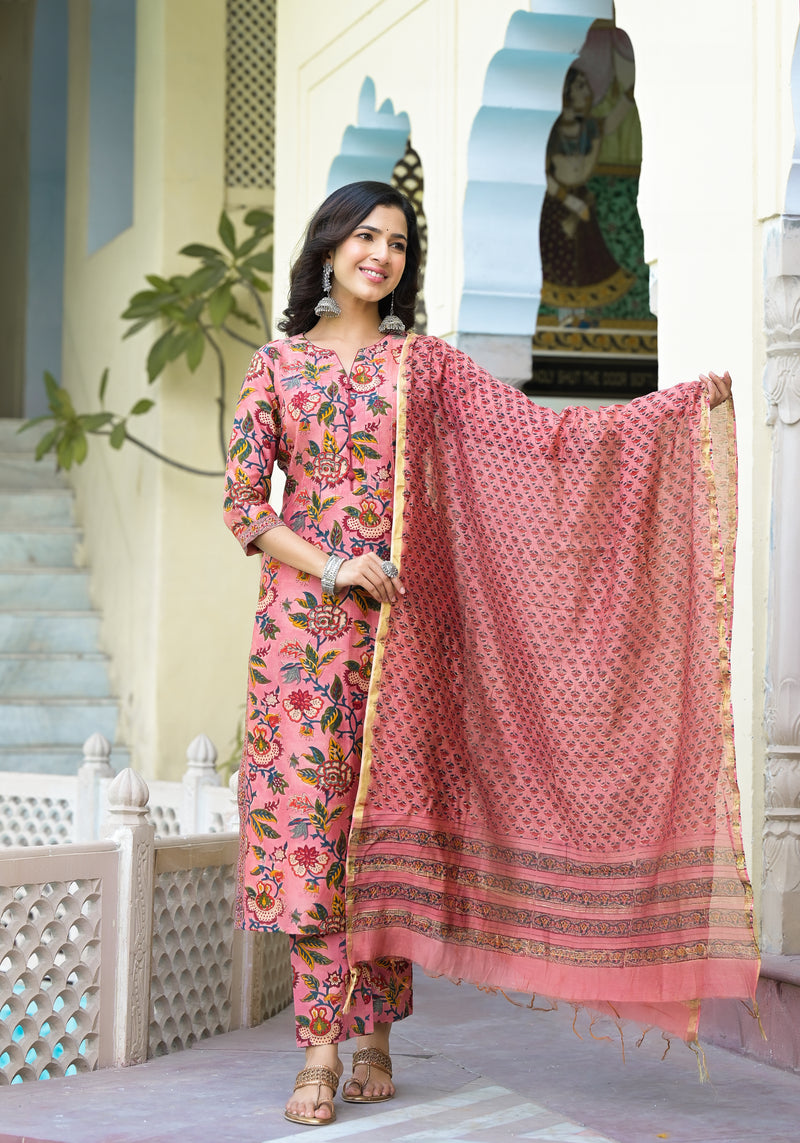 Panchita Peach Floral Handblock Pintuck Chanderi Suit Set (Plus Size)