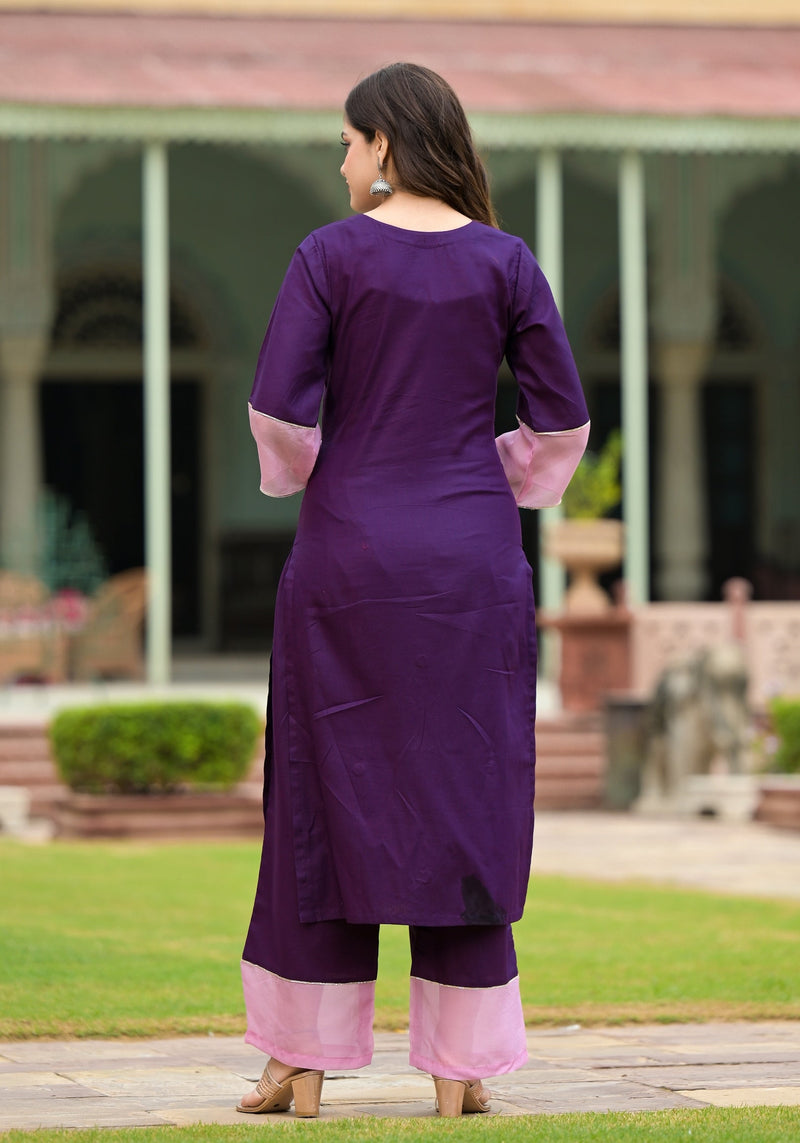 Paakiza Purple Cotton Straight Handwork Kurta Pant Set