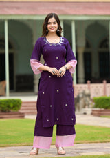 Paakiza Purple Cotton Straight Handwork Kurta Pant Set