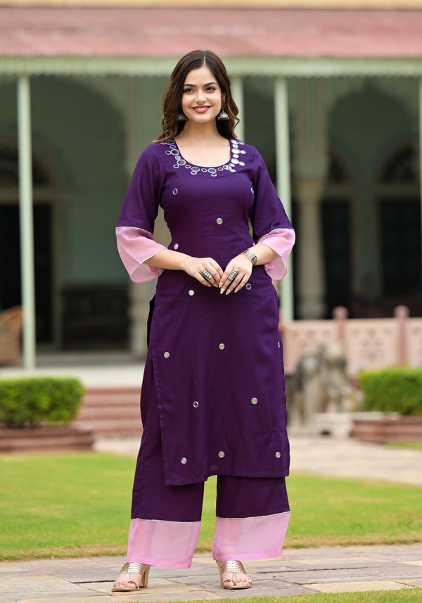 Paakiza Purple Cotton Straight Handwork Kurta Pant Set