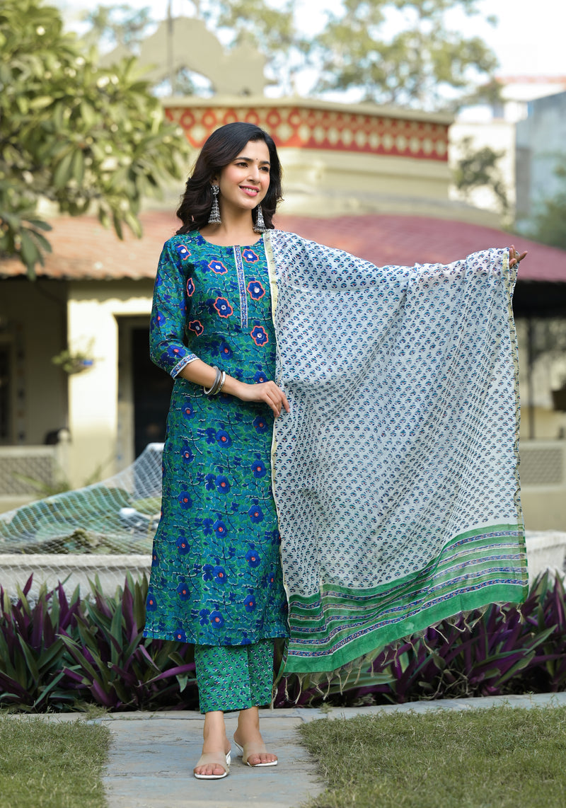 Gulnaaz Green Embroidered Handblock Chanderi Suit Set (Plus Size)