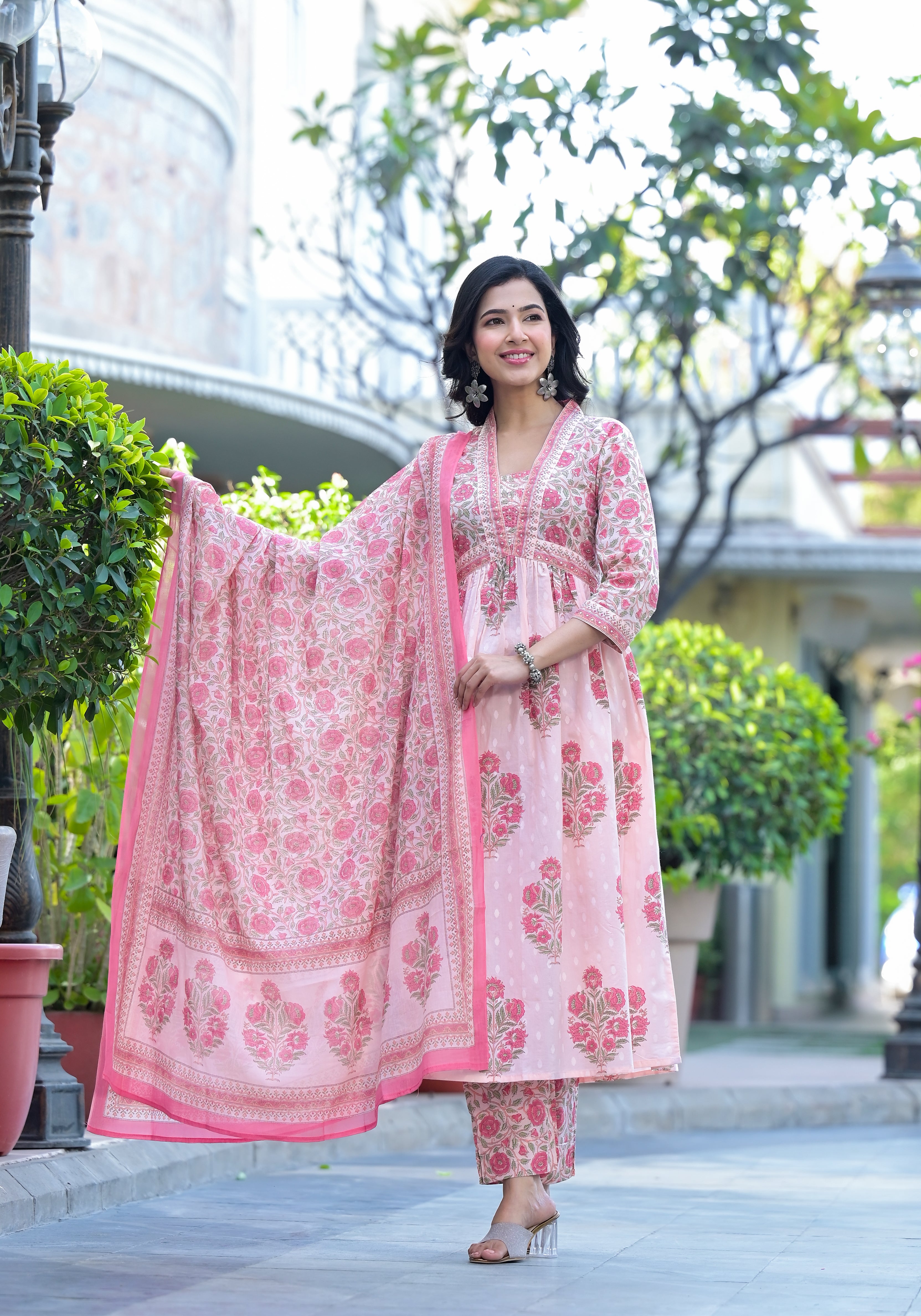 Buy Brinda Pink Alia Cut Floral Cotton Suit Set - Jaipuri Adaah