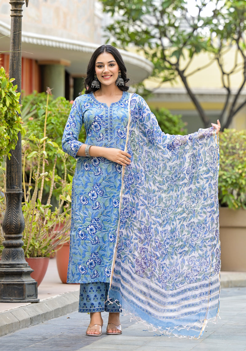 Nazarana Blue Handblock Straight Fit Suit Set