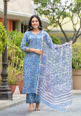 NAZARANA BLUE HANDBLOCK STRAIGHT FIT UNSTITCHED SUIT SET