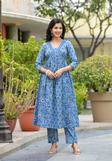 Nirvana Blue Handblock Gher Suit Set