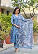 Nirvana Blue Handblock Gher Suit Set