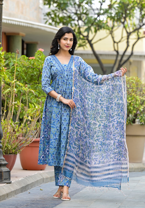 Nirvana Blue Handblock Gher Suit Set(Plus Size)