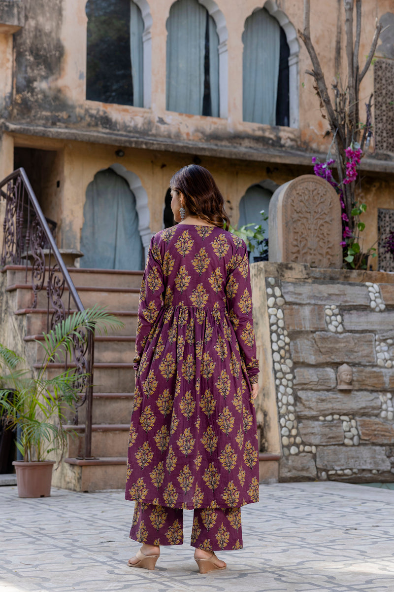 Roshni Purple Mandblock Printed Suit Set