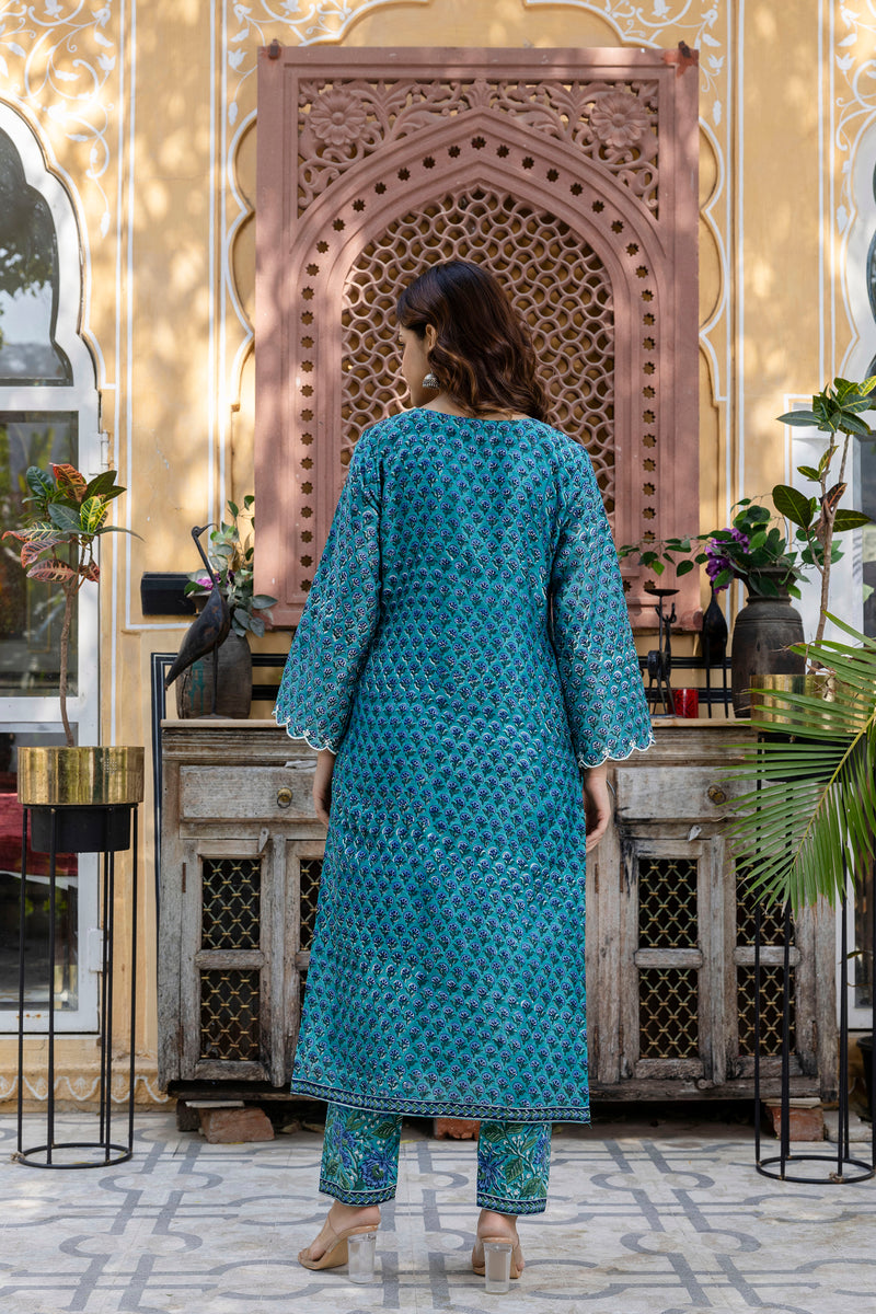 Suhana Green Embroidered Chanderi Handblock Printed Suit Set