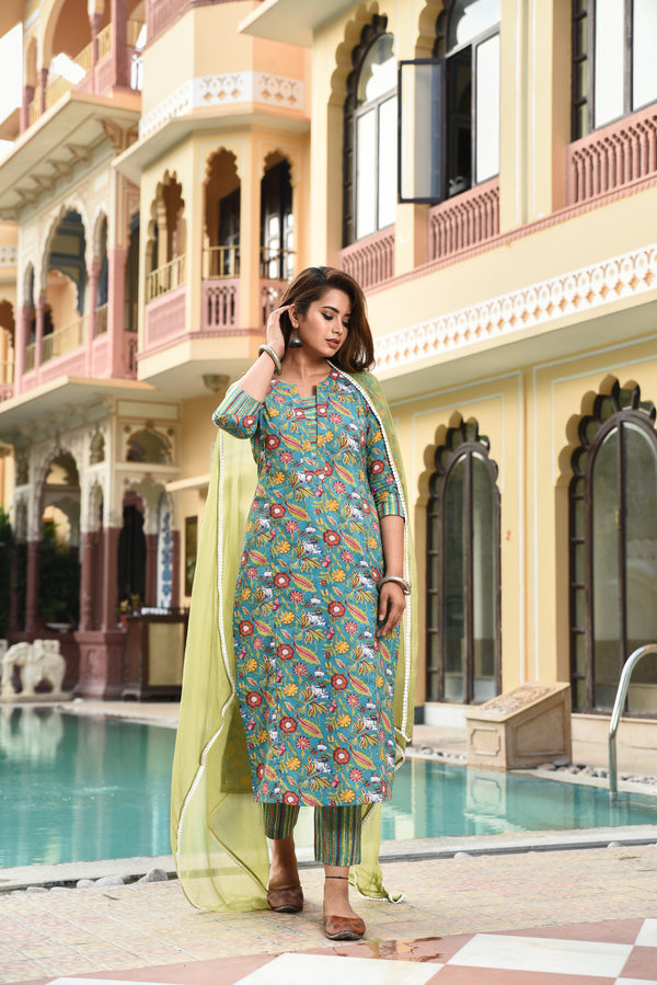 Floral Blue Green Chiffon Dupatta Suit Set (Plus Size)