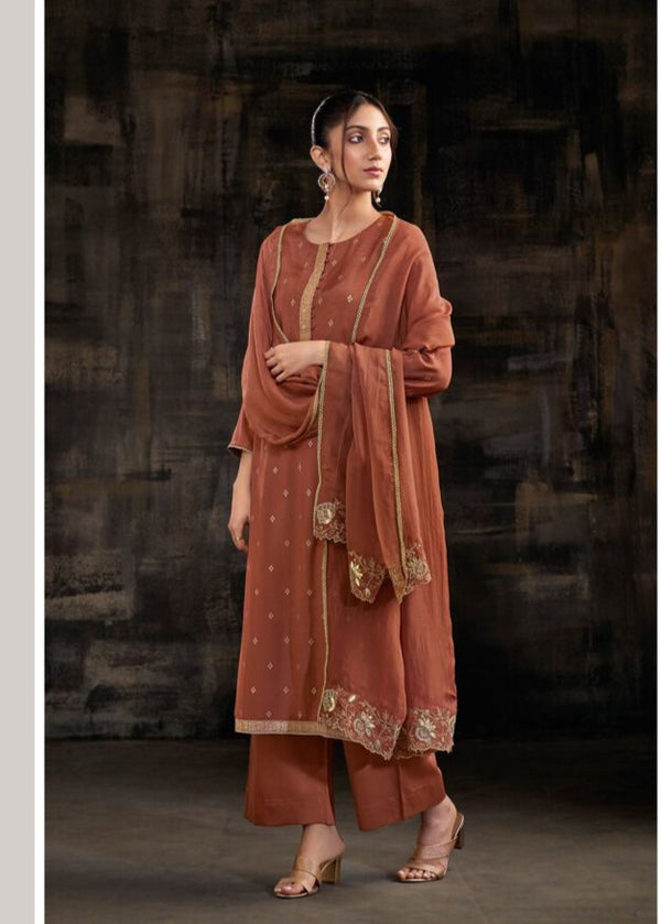 Sanjari Muslin Silk Suit Set with Organza Dupatta