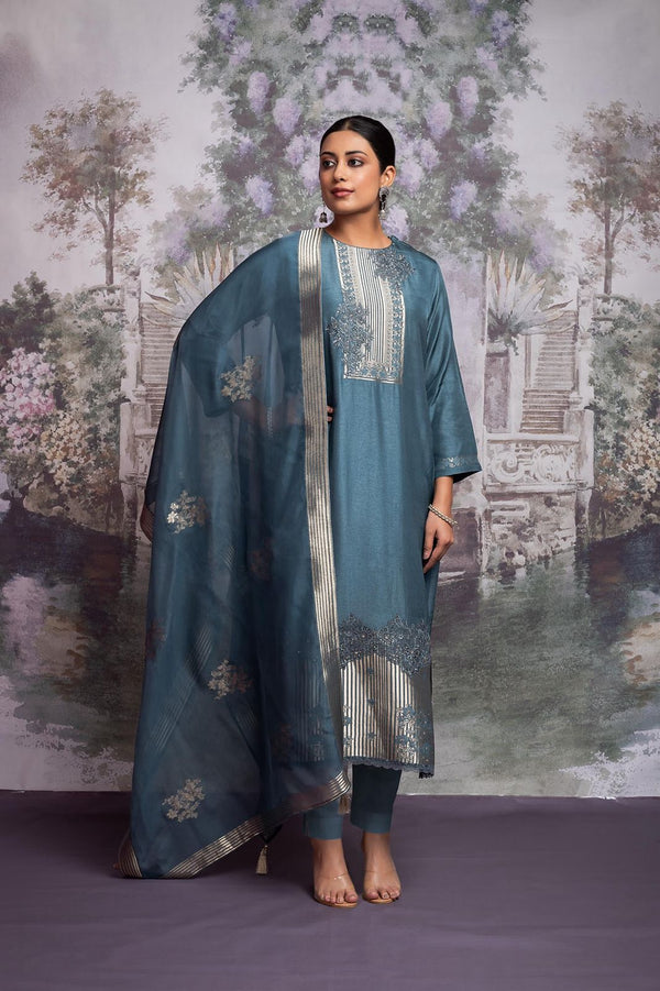 Naari Zari Silk Suit Set with Patchwork & Embroidery