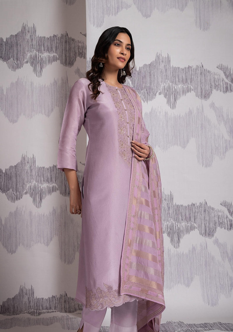 Sophia Lavender Pink Organza Handwork Suit Set with Jaquard Dupatta