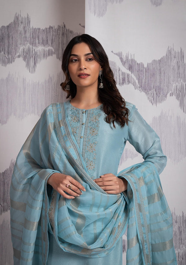 Sophia Pristine Blue Organza Handwork Suit Set with Jaquard Dupatta