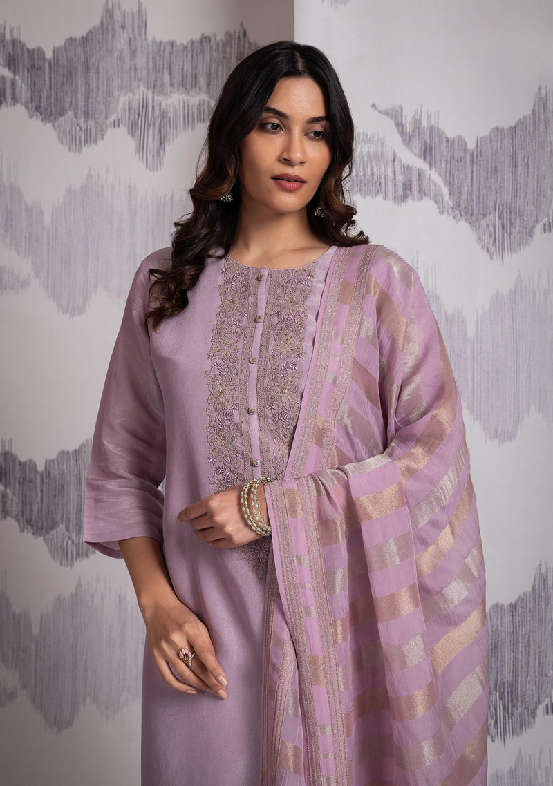 Sophia Lavender Pink Organza Handwork Suit Set with Jaquard Dupatta