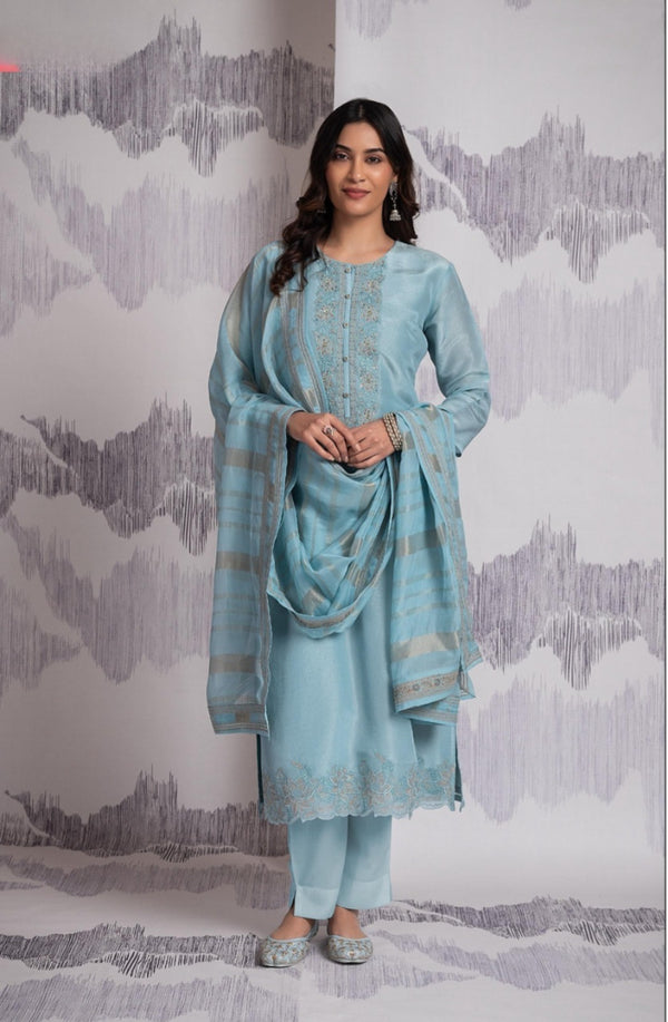 Sophia Pristine Blue Organza Handwork Suit Set with Jaquard Dupatta